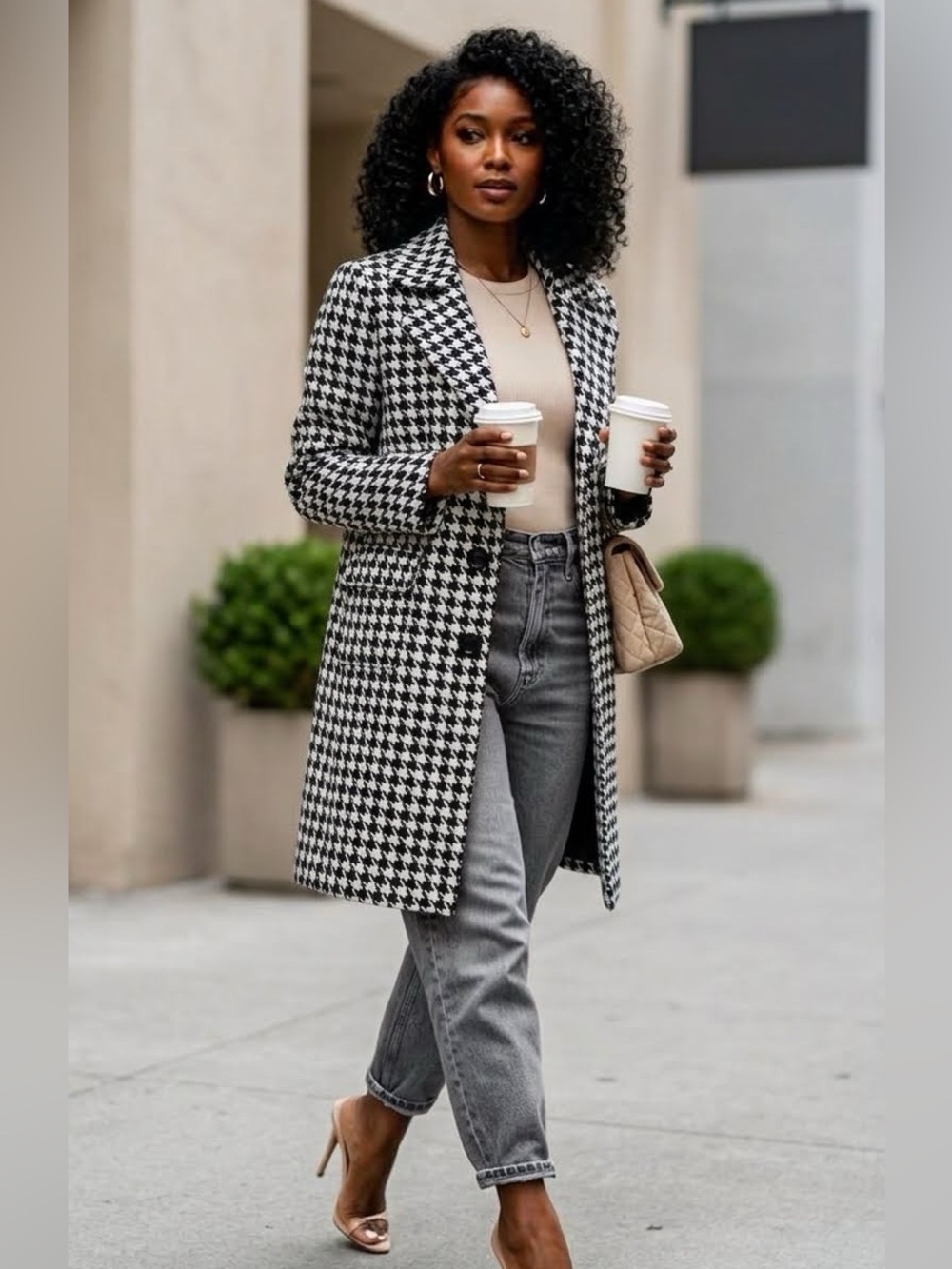 Body Central Black & Cream Houndstooth Pea Coat